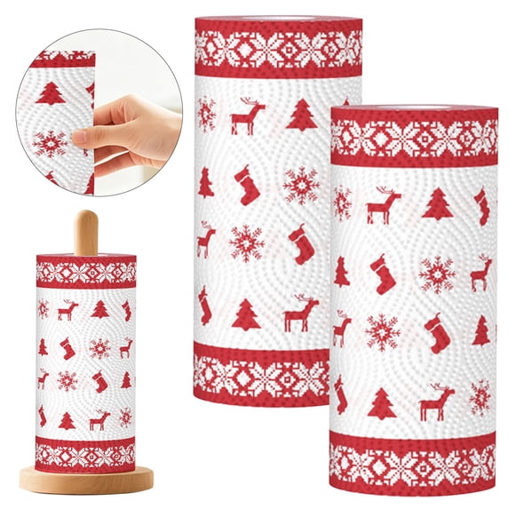 2 Rolls Christmas Printed Kitchen Paper Towels, Disposable Xmas Absorbent Paper Tissue for Home, Restaurant & Holiday Party