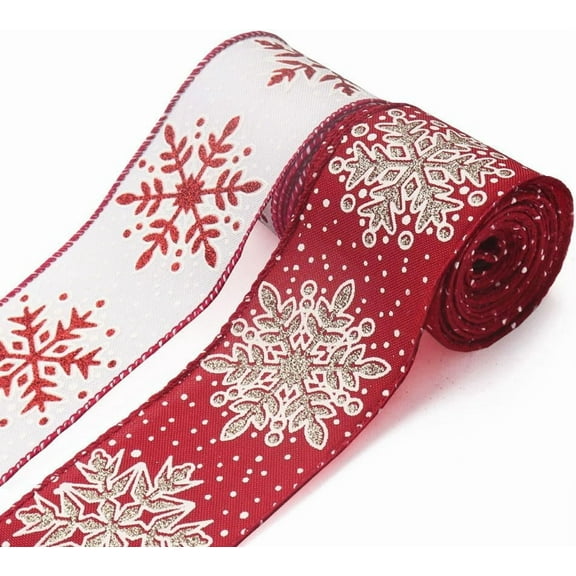 2 Rolls Christmas Ribbons for Crafting, Xmas Wired Edge Ribbon Glitter Gold Burlap Ribbon Bow Winter Snowflake Wired Ribbons for Gift Wrapping Christmas Sewing DIY Crafts Supplies
