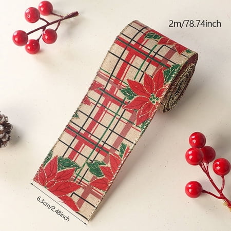 2 Rolls Christmas Ribbons for Crafting, Xmas Wired Edge Ribbon Red Natural Burlap Ribbon Bow Winter Holiday Flowers Wired Ribbons for Christmas Sewing DIY Crafts Supplies