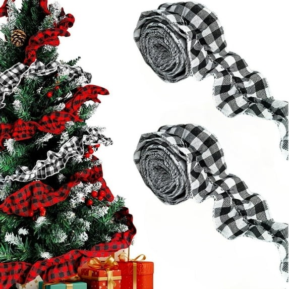 2 Rolls Christmas Tree Ribbon Garland Buffalo Plaid Christmas Decorations, Buffalo Check Fabric Tree Ribbon Garland for Xmas Holiday Home Decor(White & Black, 2.45in x 26.9ft)