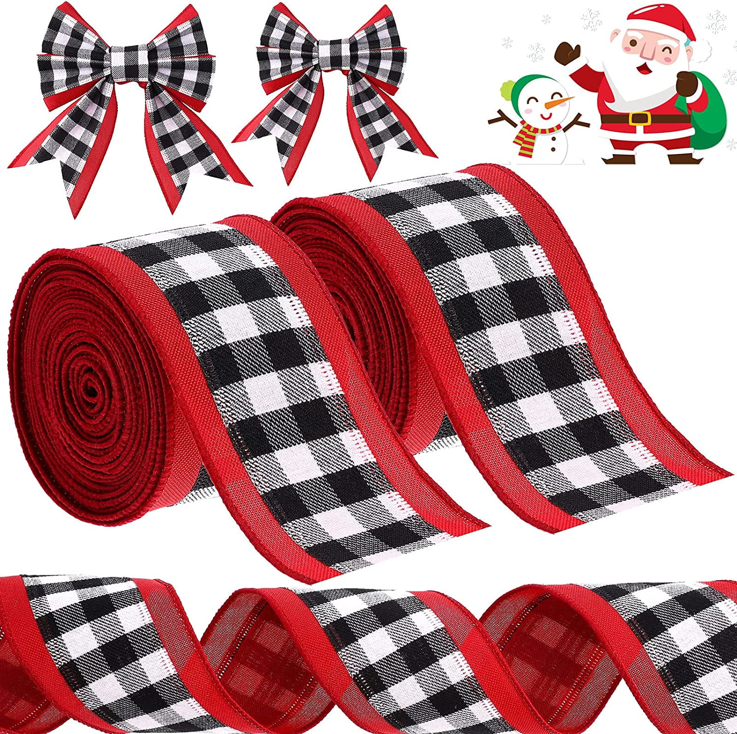 2 Rolls Christmas Wired Edge Ribbons Buffalo Plaid Ribbons Plaid Check Ribbons Black and White Ribbons with Red Edges for Crafts Wrapping Decoration Floral Bows 12 Yards x 2.5 Inches