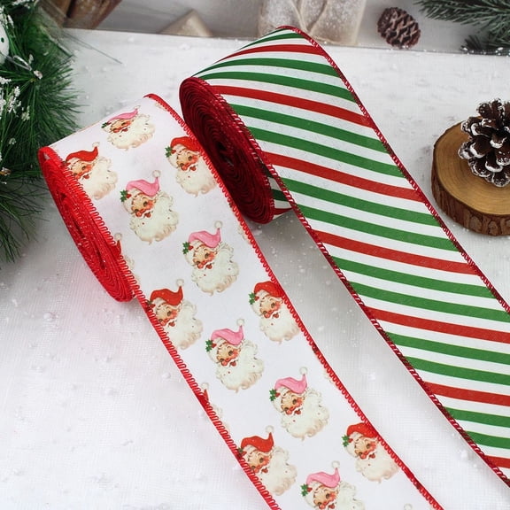 2 Rolls Christmas Wired Ribbon, Vintage Santa Claus & Red Green Stripe Fabric Ribbon for Gift Wrapping, Wreath, Bow Making, Xmas Holiday Home Decor Wide 2.5inch