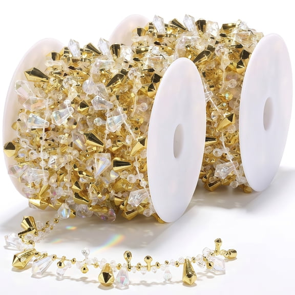2 Rolls Clear Iridescent Crystal Bead Rolls,32.8ft Twist Beaded Garland Strand, Hanging Bead String Ornaments for Christmas Tree, Wedding Party Indoor Home Decor