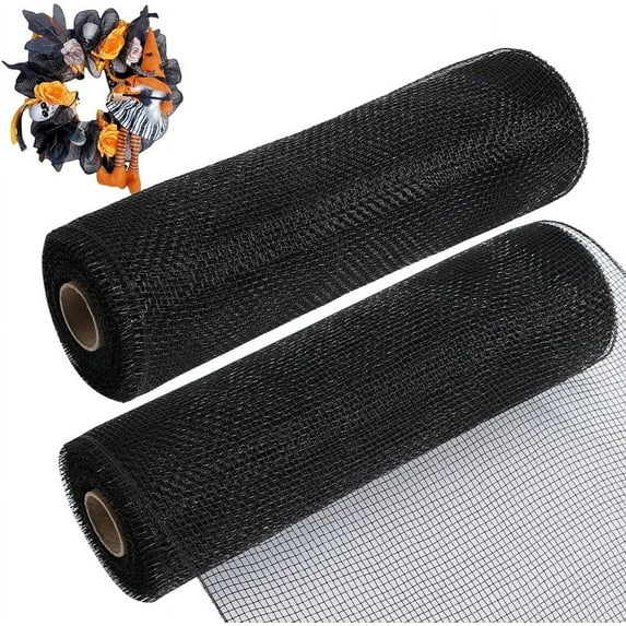 2 Rolls Deco Mesh Ribbon 10 Inch x 10 Yards Black Plastic Decorative Wreath Mesh Ribbon Roll for Front Door Wreath Swags Wedding Christmas Tree Party Decorating Supplies
