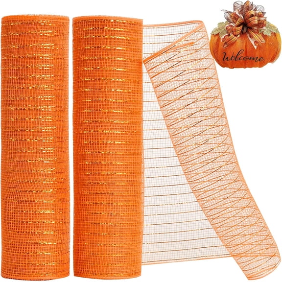 2 Rolls Deco Mesh Ribbon, NOGIS 10" x10yd (30 Feet) Fabric Wrapping Ribbon Craft Mesh Roll for Christmas Tree Skirt, Bows, Christmas Decorative Metallic Wreath Mesh Ribbon (Orange)