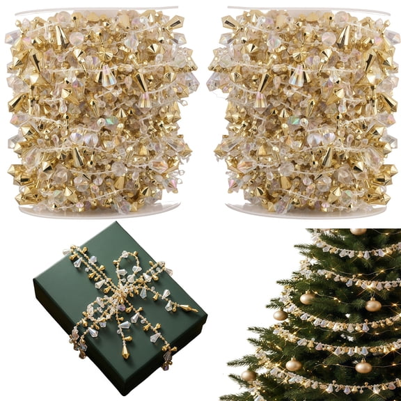 2 Rolls Double Twist Bead String Ornaments, 32.8ft Christmas Beaded Garlands, Gold Iridescent Bead Decorations for Christmas Tree, Wedding & Party Decor