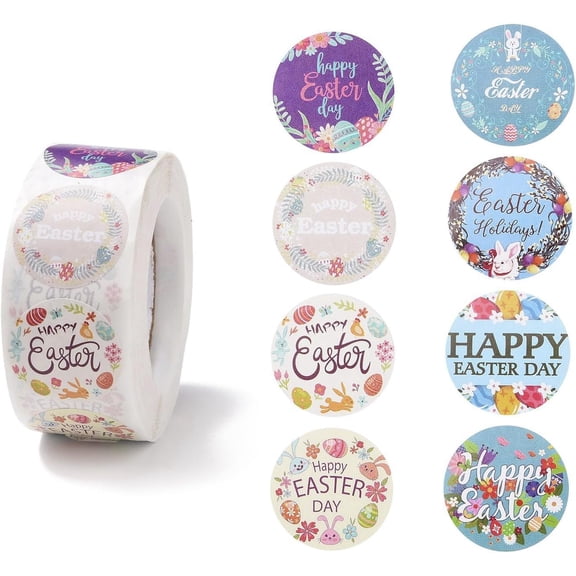 2 Rolls Easter Theme Self Adhesive Paper Sticker Rolls with Rabbit Pattern Round Sticker Labels Gift Tag Stickers Mixed Color 25x0.1mm 500pcs/roll Making DIY