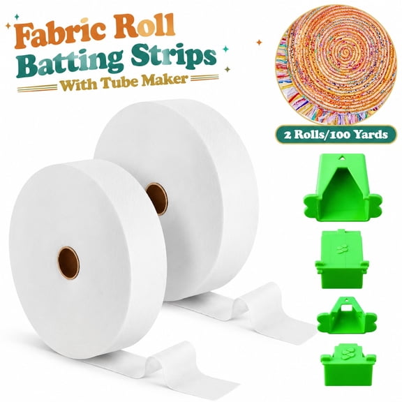 2 Rolls Fabric Roll Batting Strips with Tube Maker, 4 inch x 100 yards Quilt Batting for Fabric Roll Rugs, Sewing Accessories for Quilters, Craft Supplies and DIY Rug Projects