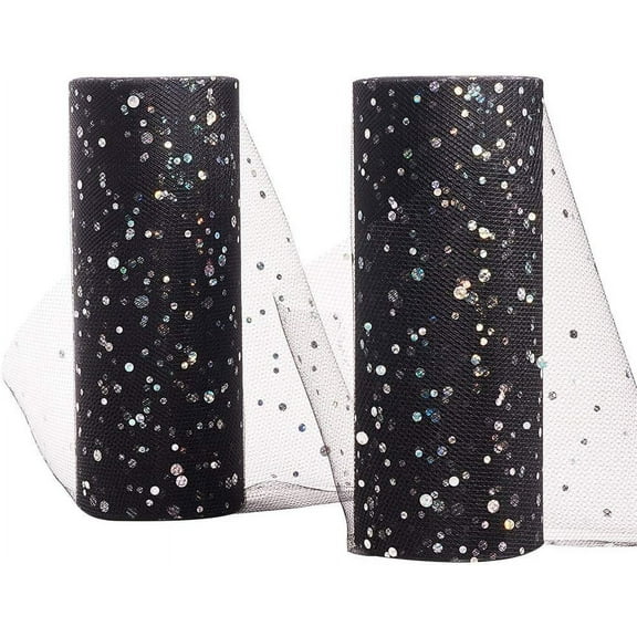 2 Rolls Glitter Sequin Tulle Netting Fabric Tulle 6" by 25 Yard for Wedding Party Decoration Tutu Skirts Sewing Crafting - Black