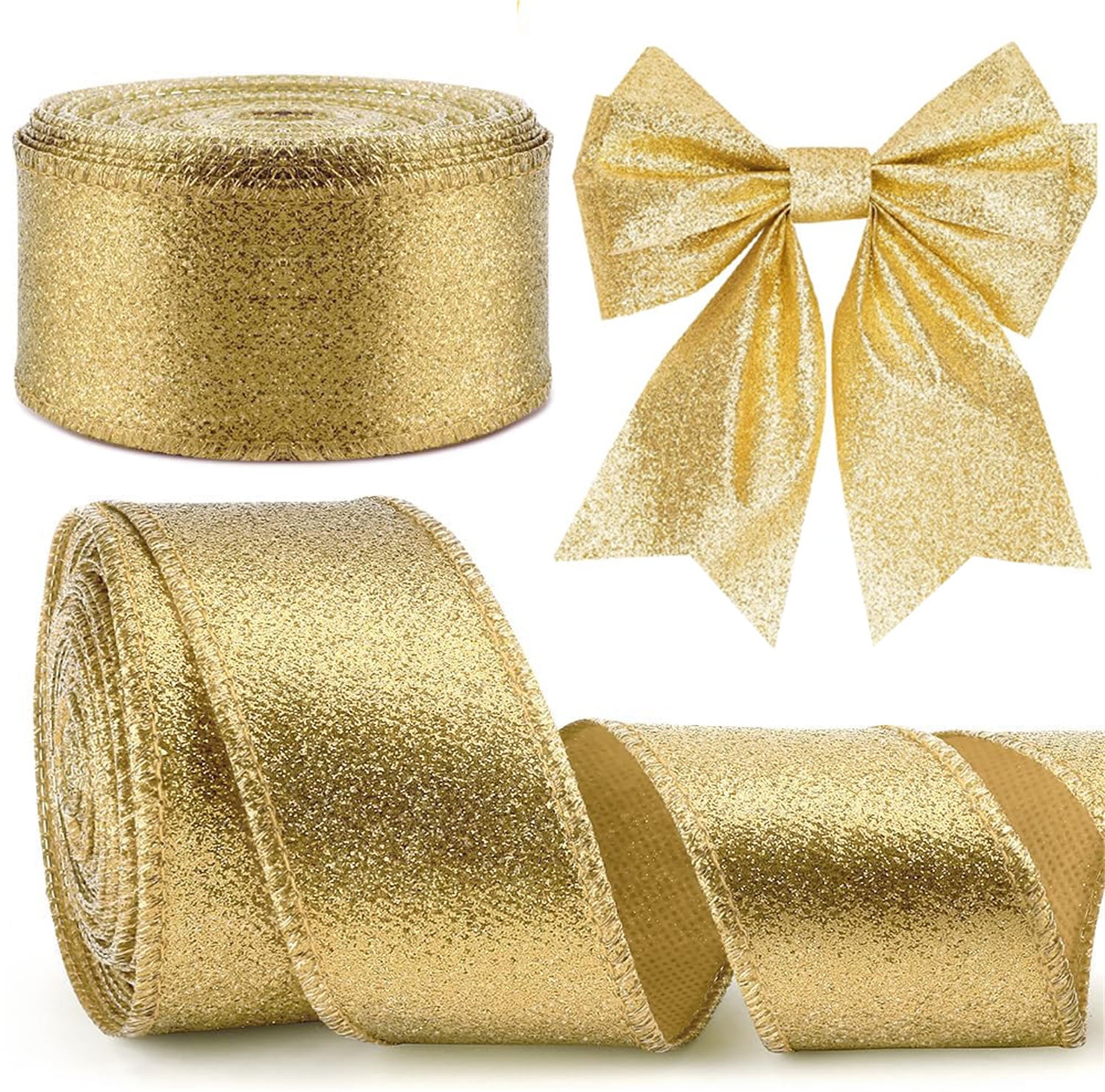 2 Rolls Gold Metallic Wired Edge Ribbon,Bexikou Glitter Wired Ribbon with Metallic Edge,Christmas Decor for Wreath, Tree, Craft Bows,Gift Wrapping & Home,2.5" x 20 Yards