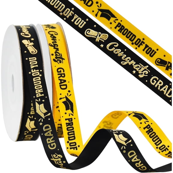 2 Rolls Graduation Ribbons 3/8 Inch 10 Yards/roll Gold&Black Congrats Grad Class of 2025 for Leis Gift Wrapping Flower Bouqute Certificate Party Decoration black gold 3/8" x 10yd (2 rolls)