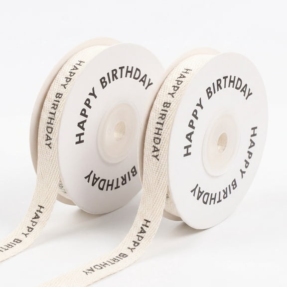 2 Rolls Happy Birthday Cotton Ribbon, 5/8 Inch x 20 Total Yards Natural Herringbone Ribbon for Gift Wrapping & Crafts