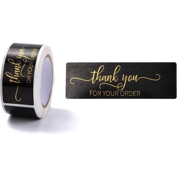2 Rolls Hot Stamping Self-Adhesive Paper Gift Tag Youstickers Rectangle with Word Thank You FOR YOU ORDER for Party Presents Decorative Black