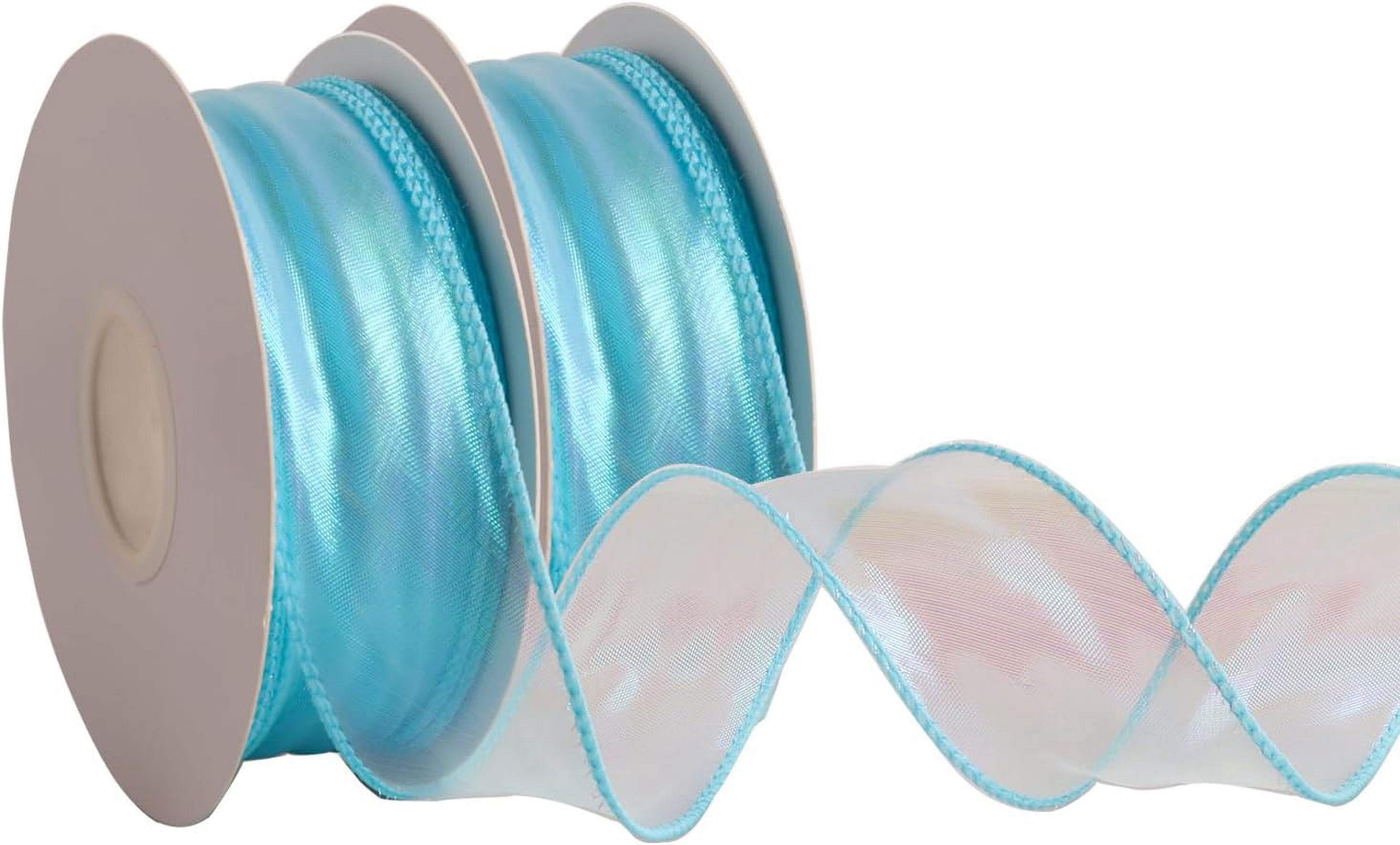 2 Rolls Laser Blue Organza Ribbon 1-1/2 Inch Wide 10 Yards for Gift wrap Bow DIY Craft Bouquet Wreath Baking Baby Shower Wedding Parties Valentine Christmas Tree Decoration