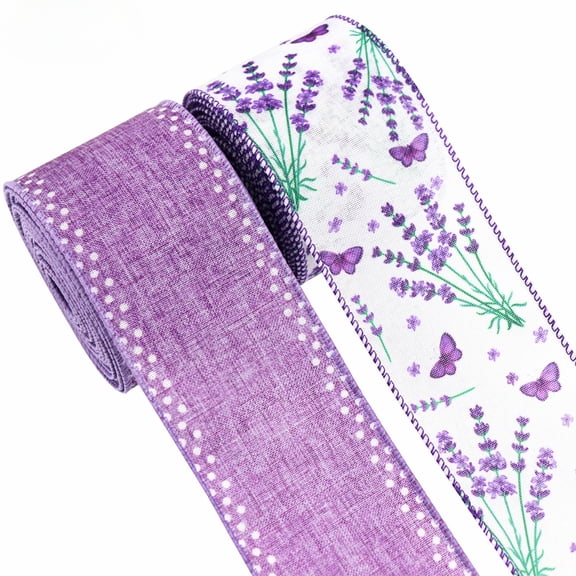 2 Rolls Lavender Wired Edge Ribbon Purple Floral Butterfly Fabric Ribbon for Spring Summer Gift Wrapping Wreath Bow DecorEach Roll 2.48in5yd 
