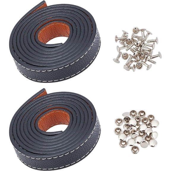 2 Rolls Leather Strips 47.2 Inch Thick Leather Belts Black DIY Leather Handicraft Bag Strap Durable Watch Strap with Rivets for DIY Arts Craft Project Clothing Jewelry Wrapping 0.69 Inch Wide