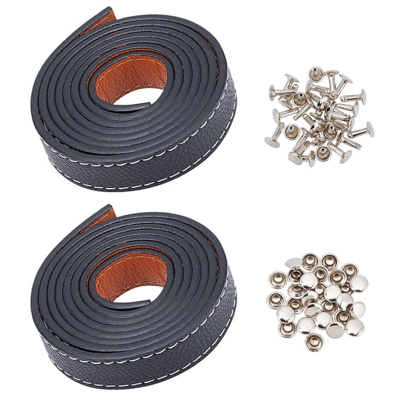 2 Rolls Leather Strips 47.2 Inch Thick Leather Belts Black DIY Leather Handicraft Bag Strap Durable Watch Strap with Rivets DIY