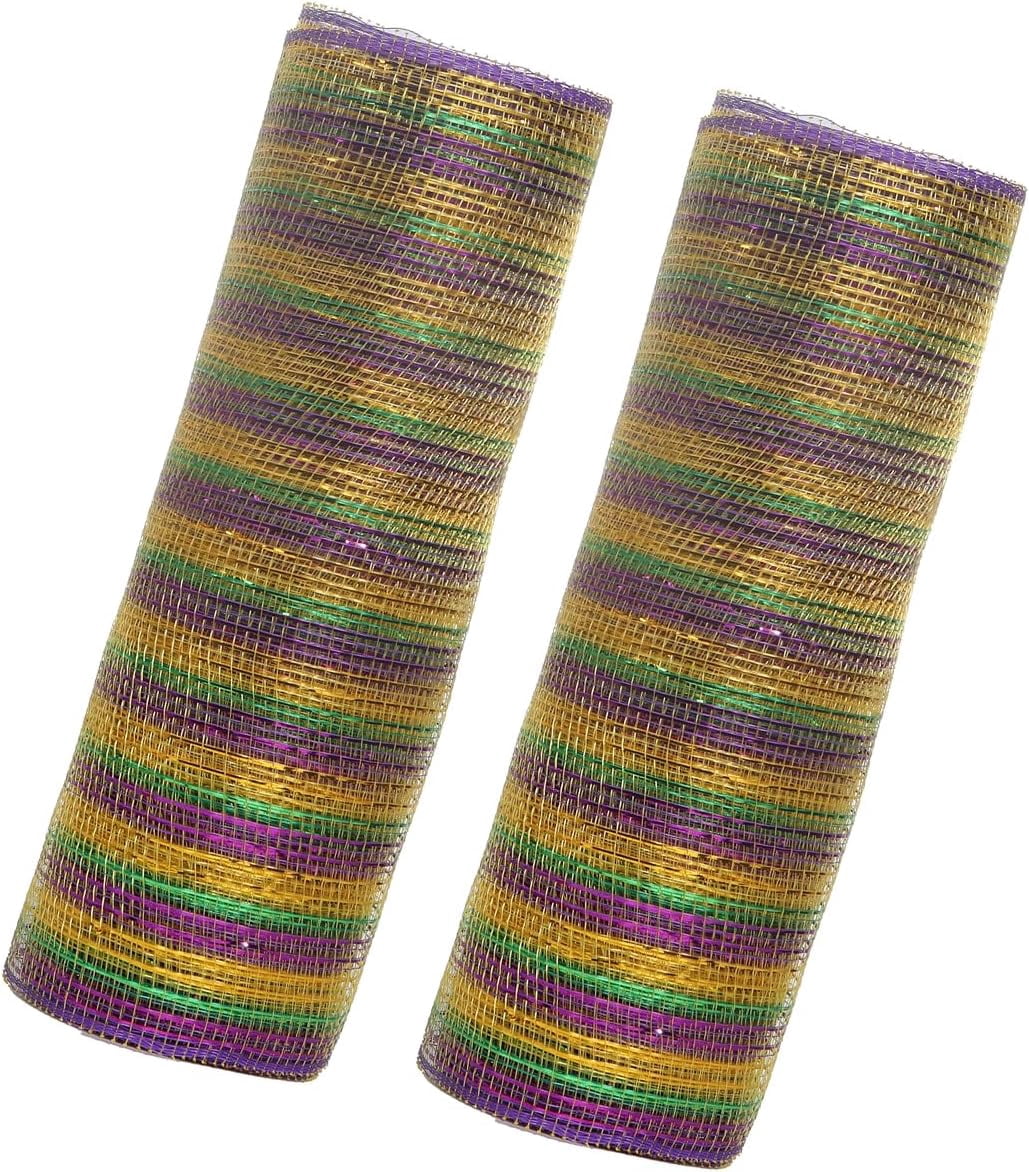 2 Rolls Mardi Gras Deco Mesh Ribbon, Gold Green Purple Metallic Stripe Mesh for Carnival Masquerade Halloween Wreath Swags Decorations(DSF)