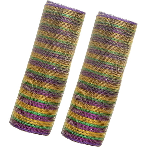 2 Rolls Mardi Gras Deco Mesh Ribbon, Gold Green Purple Metallic Stripe Mesh for Carnival Masquerade Halloween Wreath Swags Decorations(DSF)