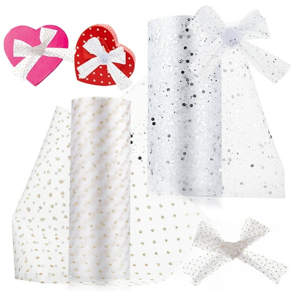 2 Rolls Mesh Decor Tulle Fabric Wedding Tulle Craft Present Ribbon White Glitter Tulle Hexagonal Sequin Tulle Banquet