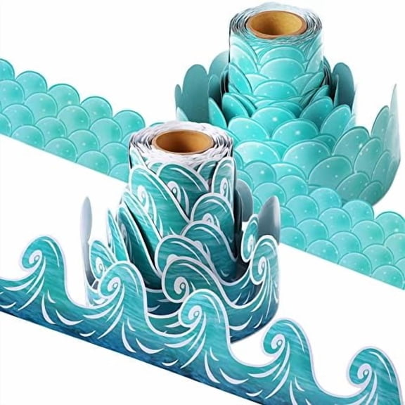 2 Rolls Ocean Waves Bulletin Board Border 98 Feet Blue Turquoise Scallops Bulletin Board Trim Paper Ocean Beach Decorations Under The Sea Back to School Classroom Office Chalkboard Decorations