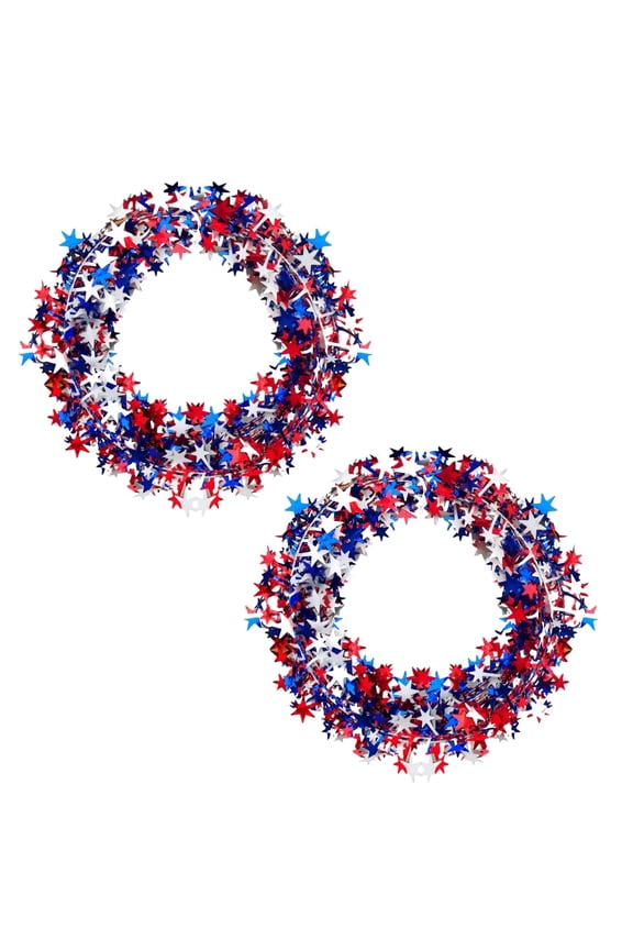 2 Rolls Patriotic Tinsel Stars Wire Garlands Red White Blue Tinsel Stars Wire Garland Patriotic 4th of July Party Supplies Metallic Wreath with Stars for for Independence Day, 24.6 ft Each Roll