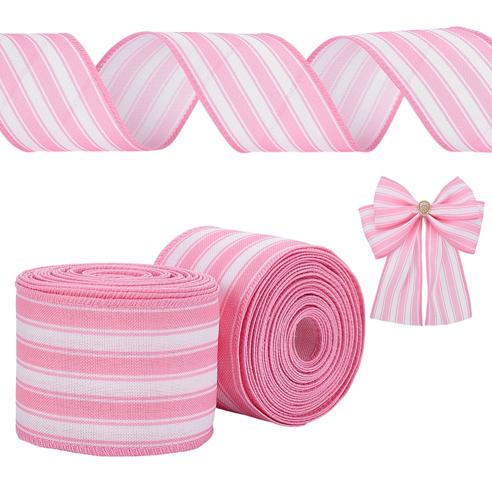 2 Rolls Pink Burlap Striped Fabric Ribbon 2-1/2 inch Wide Striped Wired ...