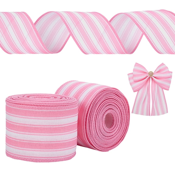 2 Rolls Pink Burlap Striped Fabric Ribbon 2-1/2 inch Wide Striped Wired Edge Ribbon Farmhouse Fabric Ribbons