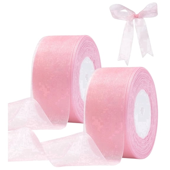 2 Rolls Pink Organza Ribbon, 1.57 Inch x 100 Total Yards Sheer Shimmer Ribbon for Gift Wrapping, Bouquets & Weddings