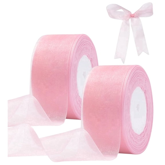 2 Rolls Pink Organza Ribbon, 1.57 Inch x 100 Total Yards Sheer Shimmer Ribbon for Gift Wrapping, Bouquets & Weddings