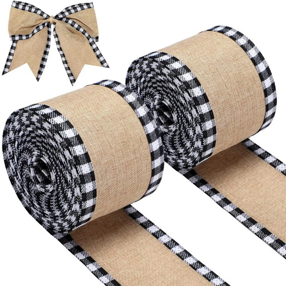 4 Rolls 20 Yards White Checkered Printed Ribbon Black Wired Edge Ribbon  Racing Car Theme Checkered Ribbon Gingham Buffalo Plaid Wrapping Ribbon for