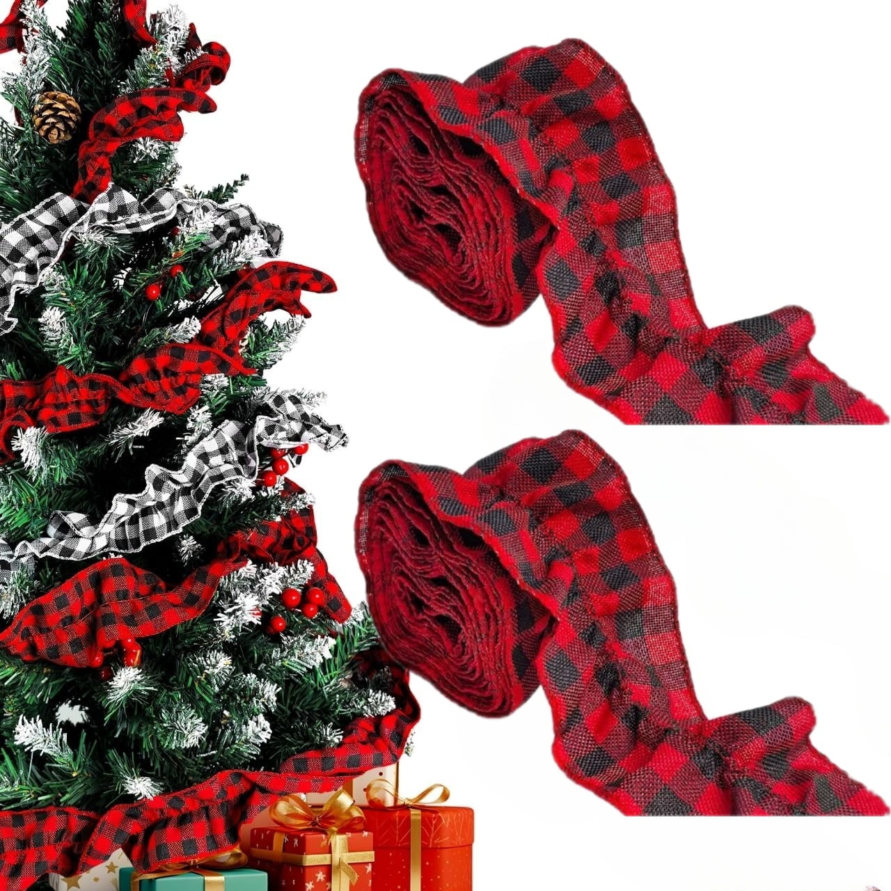 2 Rolls Plaid Christmas Tree Garland, 2.45in x 26.9ft Rustic Christmas Tree Ribbon Buffalo Plaid Ribbon Burlap Garland for Christmas Crafts Decoration(Red and Black)