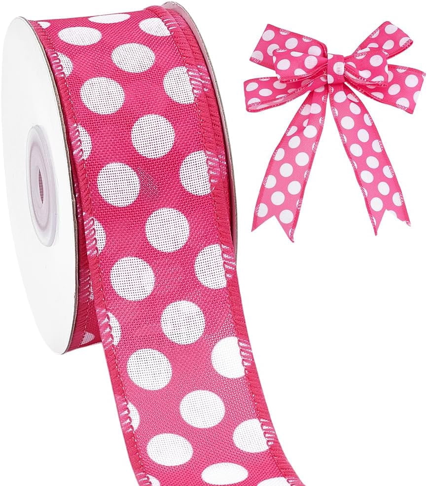 2 Rolls Polka Dot Wired Edge Ribbon 20 Yards Rose Red Ribbon with White ...