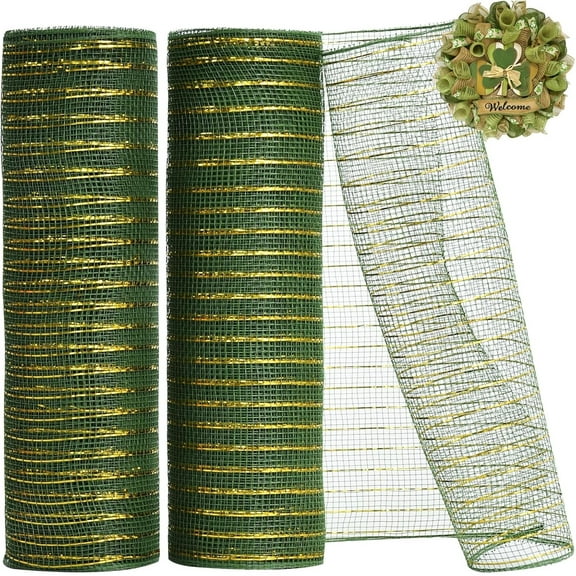 2 Rolls Poly Mesh Ribbon Rolls,10 Inch x 10 Yards Bexikou Metallic Foil Deco Burlap Mesh Rolls,Wreath Making Ribbon for Christmas Holiday Crafts Bows Making