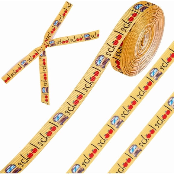 2 Rolls School Bus Ribbon 10 Yards Grosgrain Ribbons Yellow Print Term Begins Cute Cars 3/8 Inch Striped Craft Trims