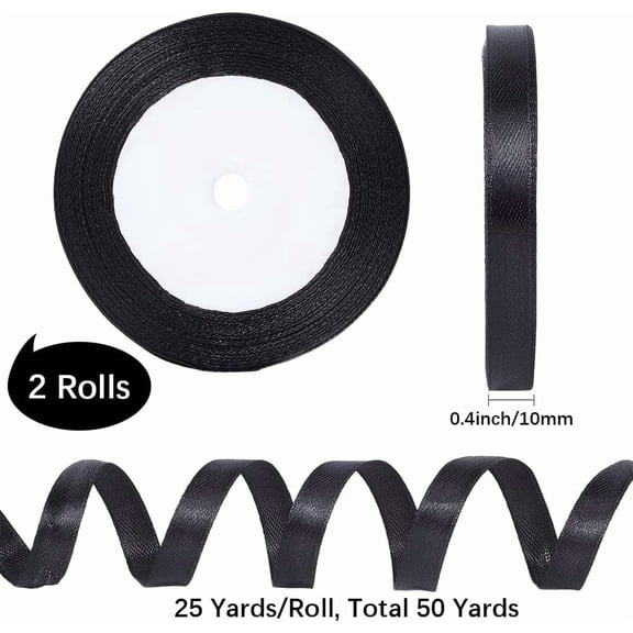 2 Rolls Single Face Satin Ribbon Polyester Ribbon Valentines Day Gifts Boxes Packages Black 3/8 inch(10mm) 25 Yards/roll