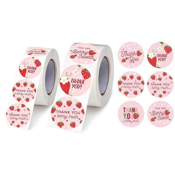2 Rolls Strawberry Thank You Stickers Roll, 6 Designs Self-Adhesive Pink Labels for Small Business, Gift Wrapping & Birthday Party Decor  (1 Inch & 1.5 Inch)