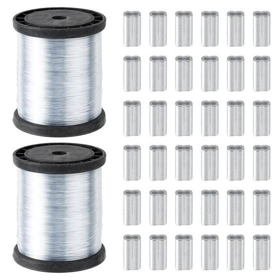 2 Rolls Strong Hanging Wire 0.8mm Clear Invisible Hanging Wire Fishing Wire with 200PCS Aluminium Crimping Sleeves Picture Frame Wire Clear Fishing Line for Hanging Decoration and Craft DIY