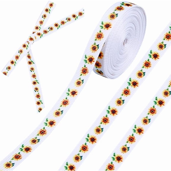 2 Rolls Sunflowers Ribbon 10 Yards Grosgrain Ribbons Flowers 3/8 Inch Striped Spring Summer Wreaths Craft Floral Trims