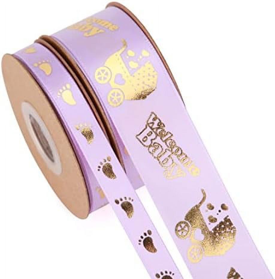 2 Rolls Total 20 Yards Welcome Baby Ribbon Purple and Gold Foot Print ...