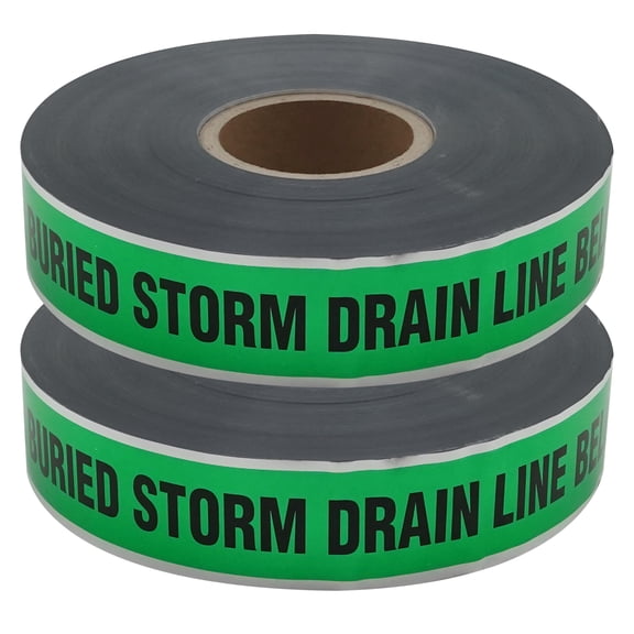 2 Rolls Warning Tape“Caution:Storm Drain Line Below”2 inch x 1000 Foot 5 Mil DETECTABLE Safety Tape Green/Black Print