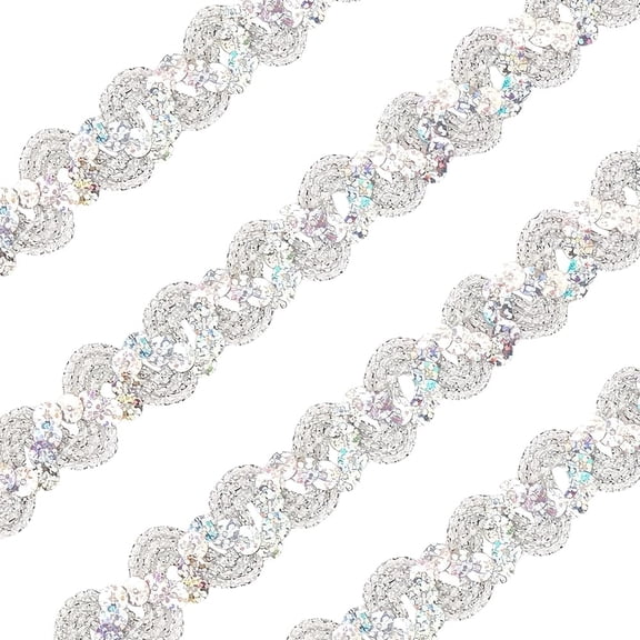 2 Rolls x 12Yds Silver Sequin Trim Flat Sequins Beaded Strip 0.6in Wave Woven Trimming Rick Rack Glitter Paillette Braid Strips Ribbon