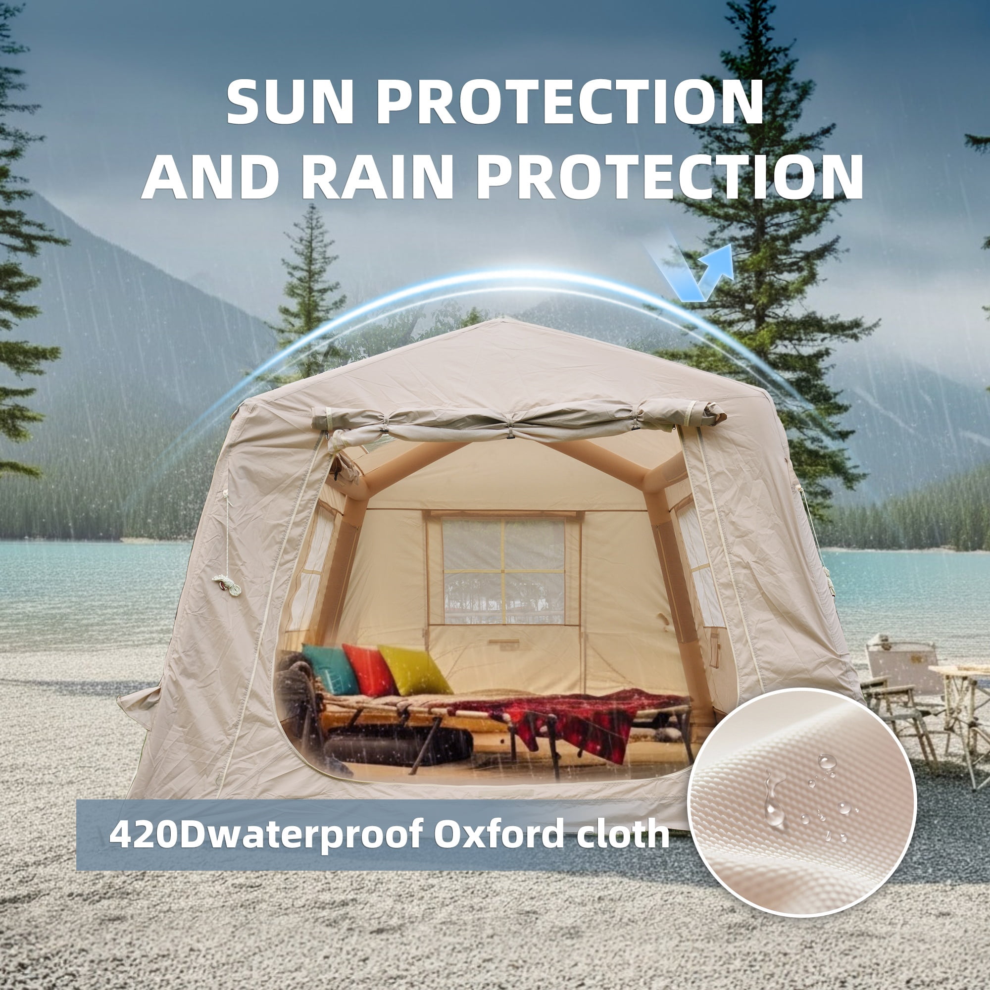 2-Room Inflatable Camping Tent 4-6 Person, 11m² Air Tent with Awning, 4 Season Waterproof Blow Up Shelter for Family & Group Camping, Beige