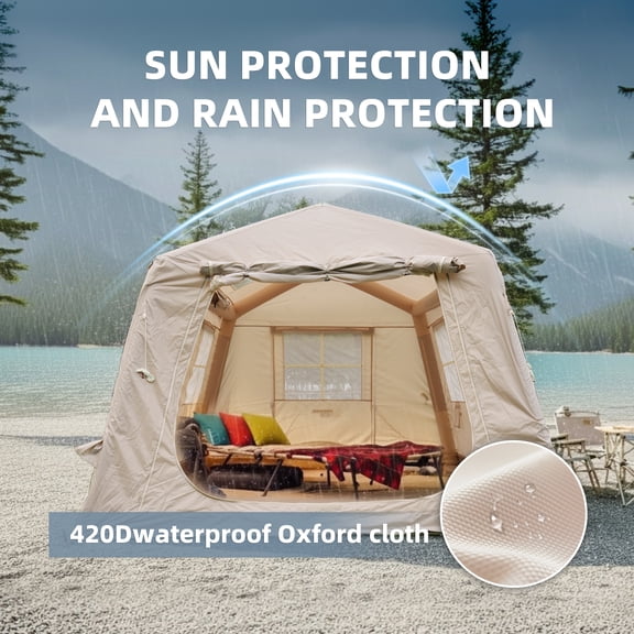 2-Room Inflatable Camping Tent 4-6 Person, 11m Air Tent with Awning, 4 Season Waterproof Blow Up Shelter for Family & Group Camping, Beige