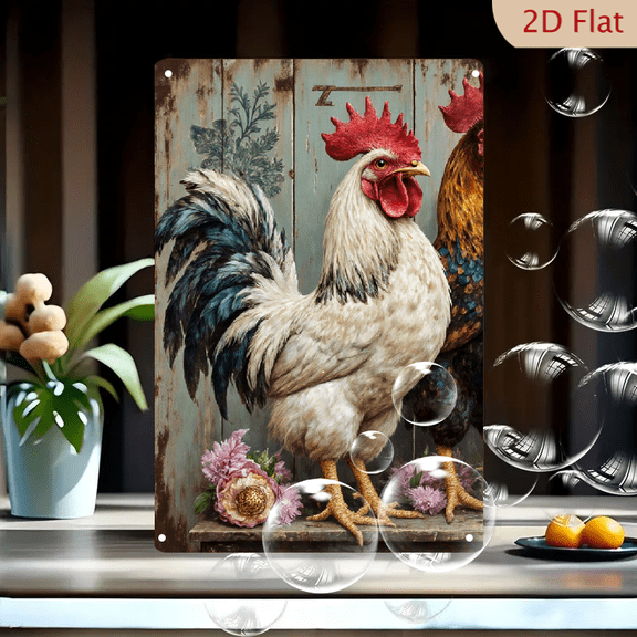 2 Roosters on Rustic Wood Background with Peonies, Vintage Faded Teal Wall Art, 8x12 Inches Metal Print, Farmhouse Decor