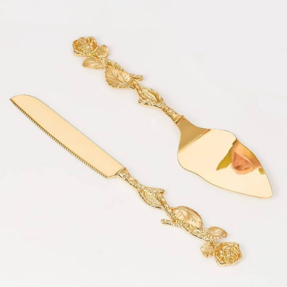 2 Rose Cake Cutting for Wedding, Gold Cake Knife & Server Set, Cake Pizza Cutter