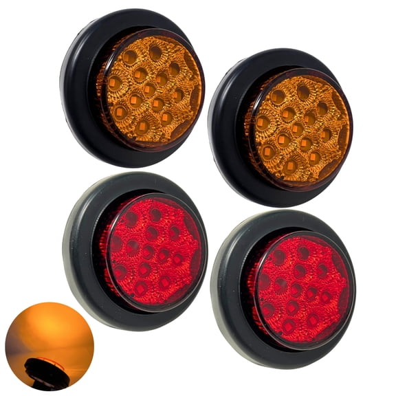 2" Round 2x Amber + 2x Red 13 LED Light Side Marker Clearance Reflector Lens Rubber Grommet + Removable 2 Wire Pigtail Plug Waterproof Trailers RV's Trucks Off Road Dump Truck 12V