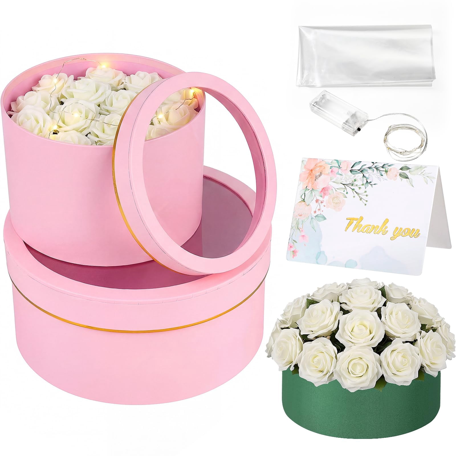 2 Round Gift Boxes With Lids Floral Foam Led Light Thank You Greeting Cards Flower Arrangements Supplies For Valentine Birthday Wedding Bridesmaid Proposal(pink)