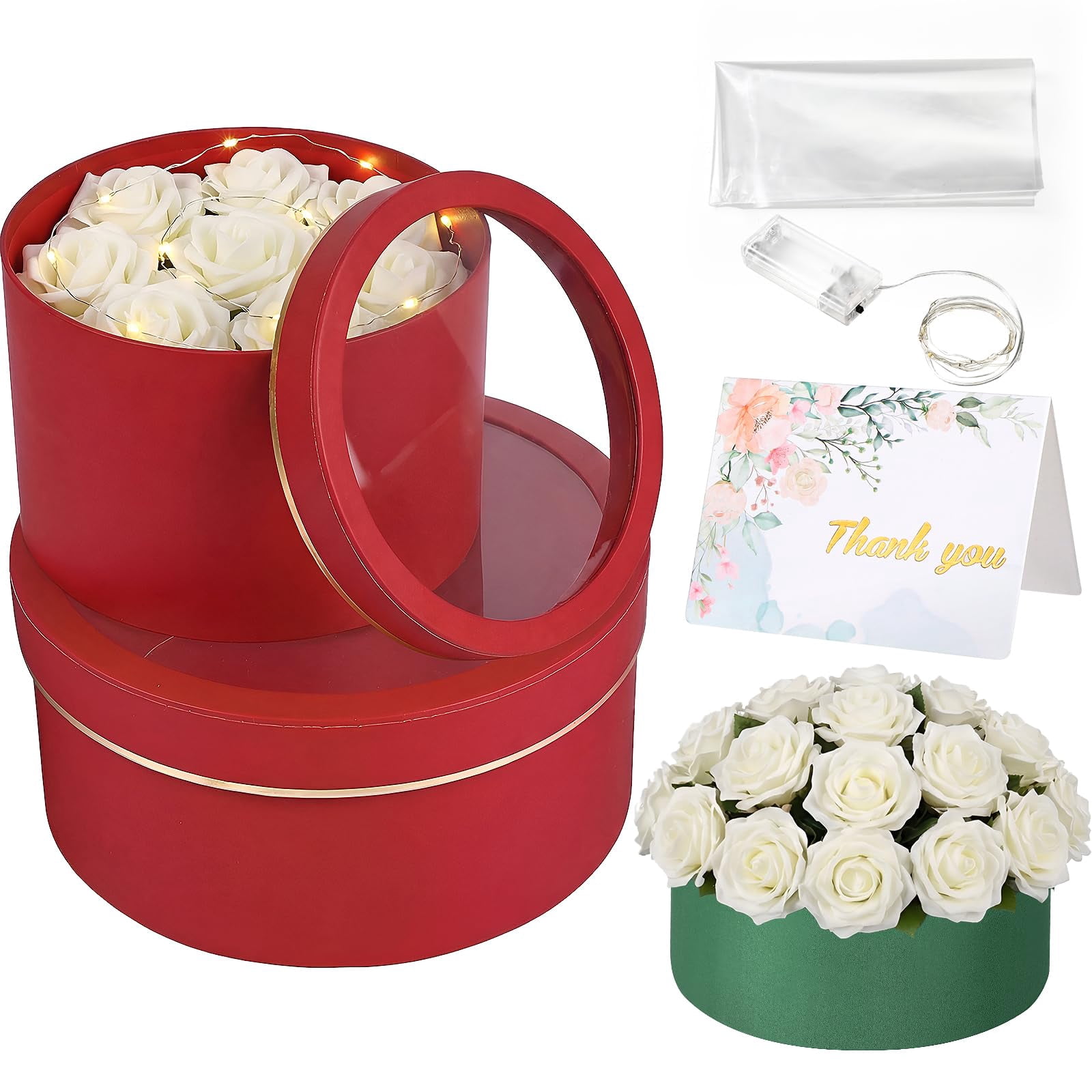 2 Round Gift Boxes With Lids Floral Foam Led Light Thank You Greeting Cards Flower Arrangements Supplies For Valentine Birthday Wedding Bridesmaid Proposal(red)