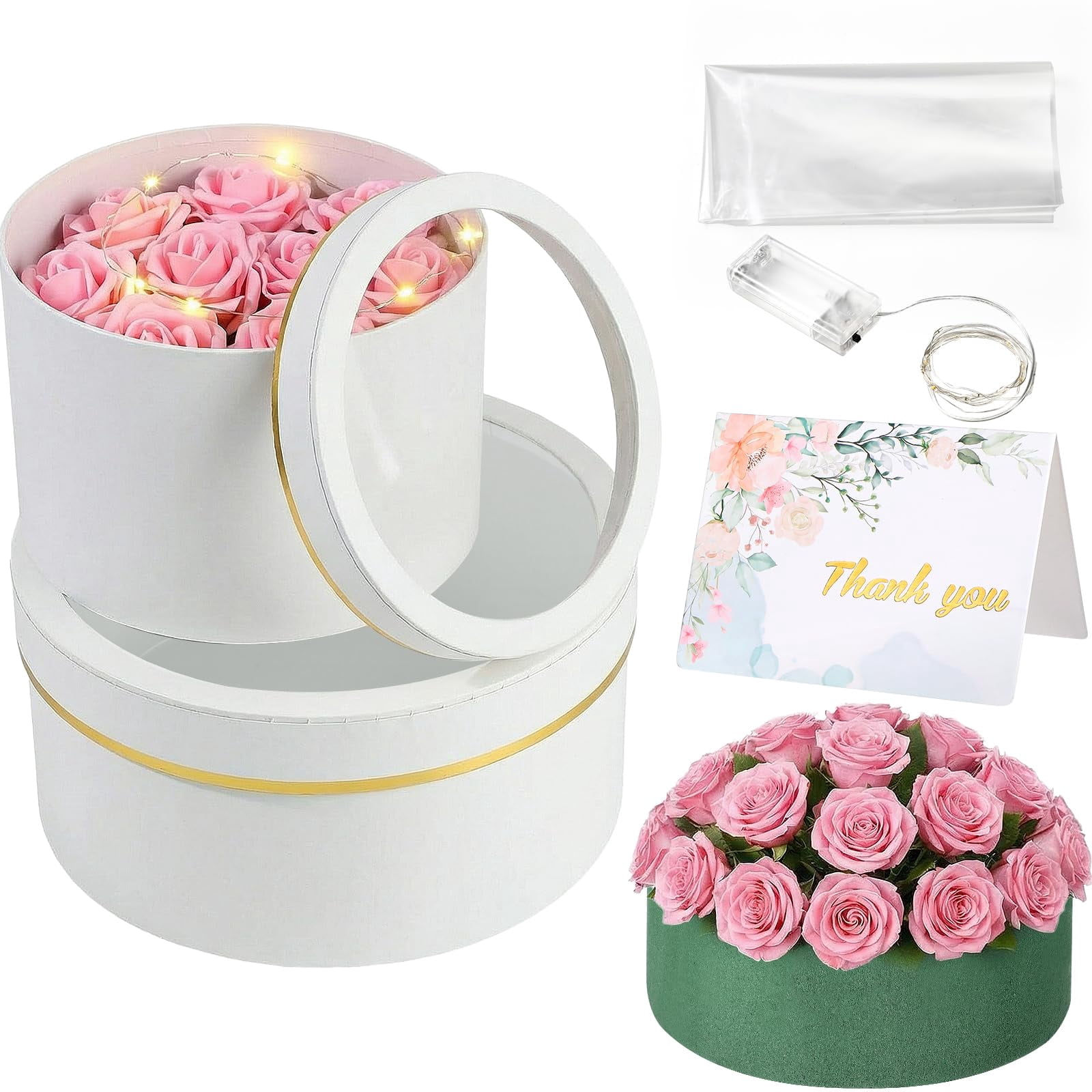 2 Round Gift Boxes With Lids Floral Foam Led Light Thank You Greeting Cards Flower Arrangements Supplies For Valentine Birthday Wedding Bridesmaid Proposal(white)
